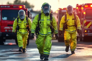 Firefighters in Protective Green Suits Responding to Hazardous Material Emergency with Fire Trucks