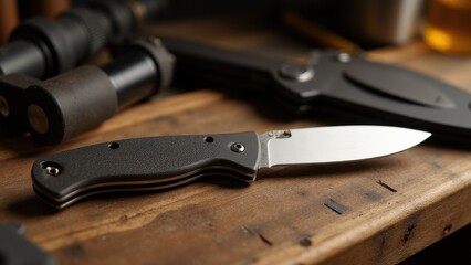 A pocket knife mockup on a wooden surface with tools in the background.