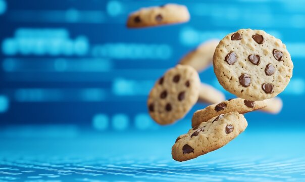 Chocolate chip cookies falling, digital background, website banner