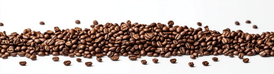 Fototapeta premium Scattered Coffee Beans on White Background Hyperrealism Texture Freshness Aroma
