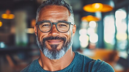 Fototapeta premium Smiling middle-aged man with glasses in a cafe. Warm lighting and a relaxed atmosphere.