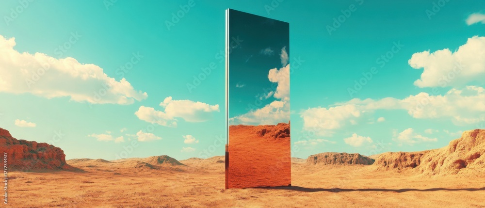 Poster Surreal desert landscape with a large reflective monolith mirroring an alternate reality Concept of parallel universe, illusion, mystery, and dreamlike scenery