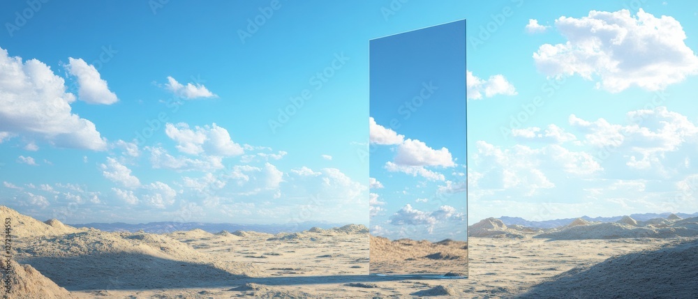 Poster Surreal desert landscape with a large reflective monolith mirroring the sky and clouds Concept of illusion, reality, and parallel universe