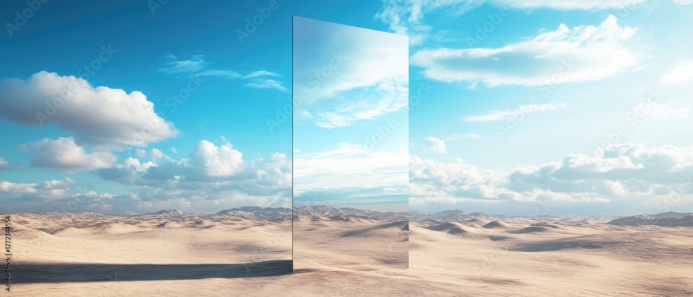 Poster surreal desert landscape with a large reflective glass monolith under a cloudy blue sky concept of i