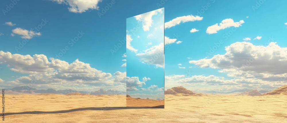 Poster surreal desert landscape with a large reflective monolith under a cloudy blue sky concept of illusio
