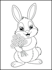 Illustration of a cute bunny cartoon character holding a flower bouquet. Black and white Printable rabbit coloring page for kids.
