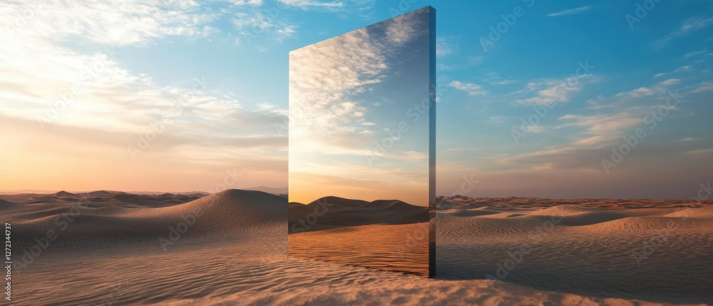 Aufkleber surreal desert landscape at sunset with a reflective monolith mirroring the sky concept of illusion,