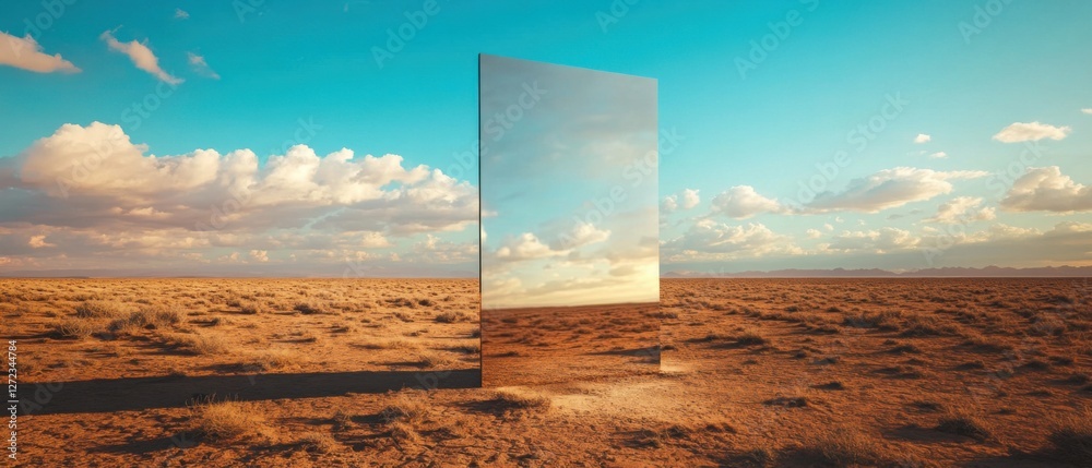 Poster Surreal desert landscape with a large reflective mirror reflecting a different sky and clouds Concept of parallel universe, alternate reality, illusion, and dream