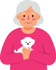 Fototapeta premium Elderly woman with white dog in pink sweater flat vector illustration