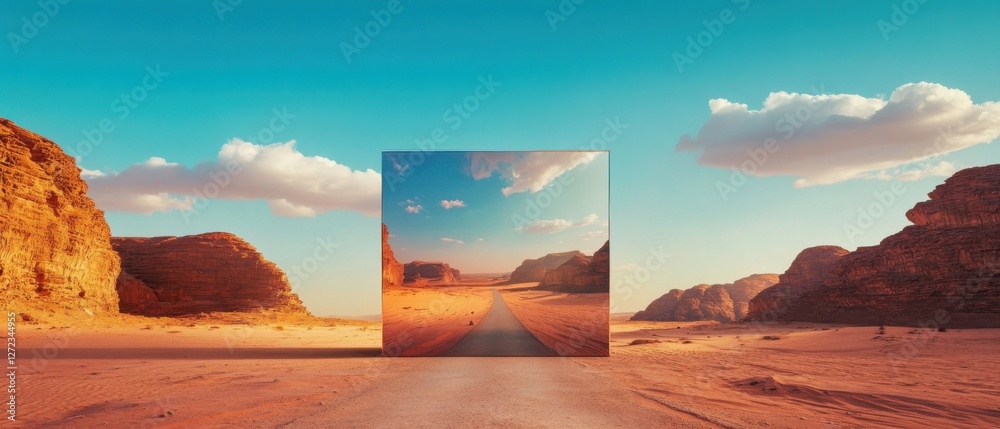 Poster surreal desert landscape with a large reflective square mirroring the road and mountains at sunset c