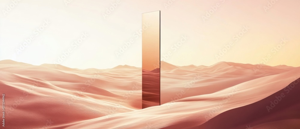 Poster surreal desert landscape with a mysterious reflective monolith at sunset abstract and minimalist con