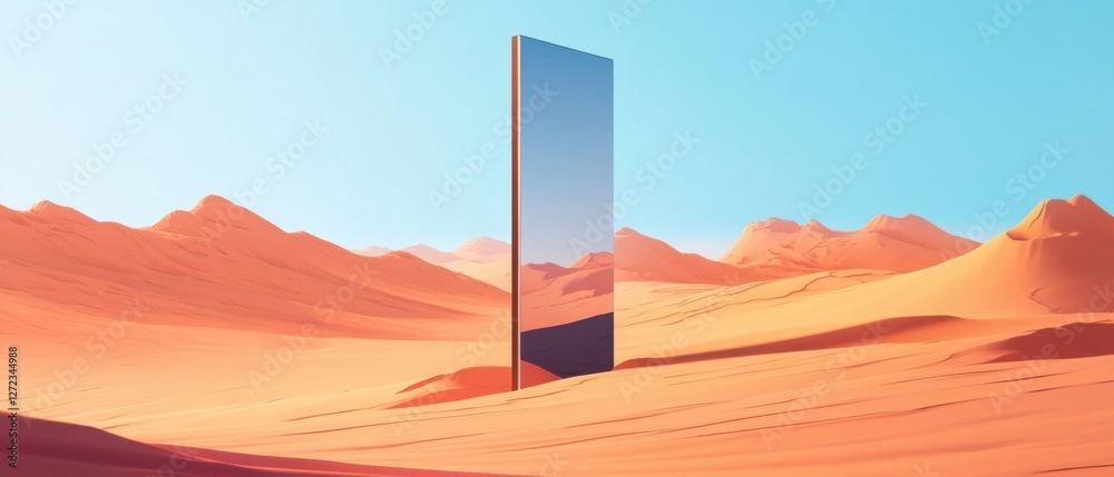 Poster surreal desert landscape with a mysterious reflective monolith at sunrise minimalist abstract art wi