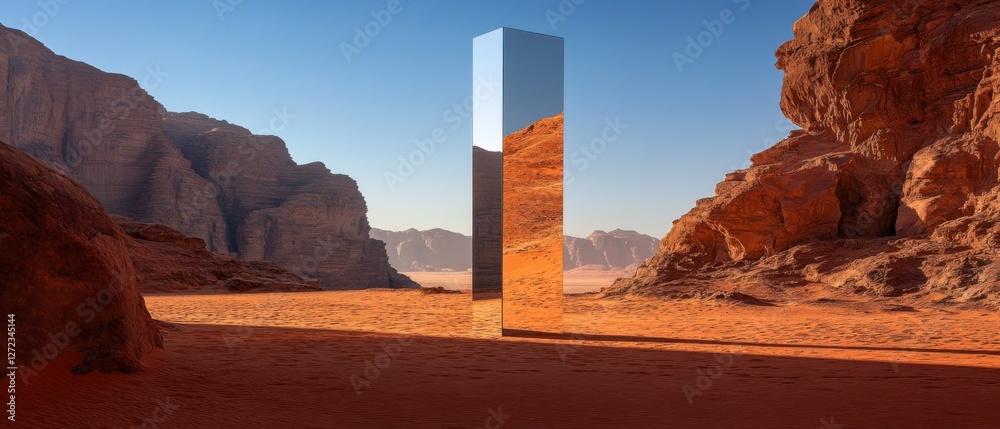 Aufkleber mysterious mirrored monolith in a vast, red desert landscape, reflecting the surrounding rock format