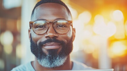 Fototapeta premium Portrait of a smiling Black man with glasses and a beard. Warm, inviting, and friendly image.