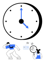 Man running away while a woman finds money under a large clock. Ideal for time management, financial planning, efficiency, punctuality, investment, productivity, urgency. Abstract line flat metaphor