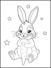 Illustration of a cute bunny cartoon character eating a big carrot. Black and white Printable rabbit coloring page for kids.
