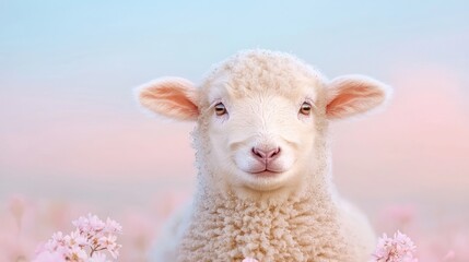 Obraz premium Cute lamb in pink flower field at sunset. Spring farm animal image