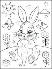 Illustration of a cute bunny cartoon character eating a big carrot. Black and white Printable rabbit coloring page for kids.
