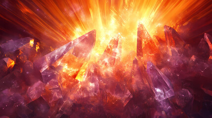 Fototapeta premium Glowing crystal illuminating cavernous darkness with refracted light beams ethereal fantasy concept. blazing cavern. illustration. Ethereal Light Beams. Illustration