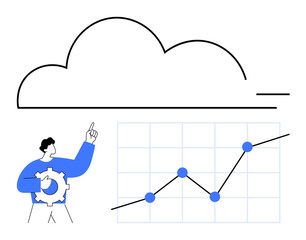 Cloud icon above growth chart, user holding cogwheel and pointing upward. Ideal for cloud storage, data analytics, business growth, technology, innovation, teamwork, abstract line flat metaphor