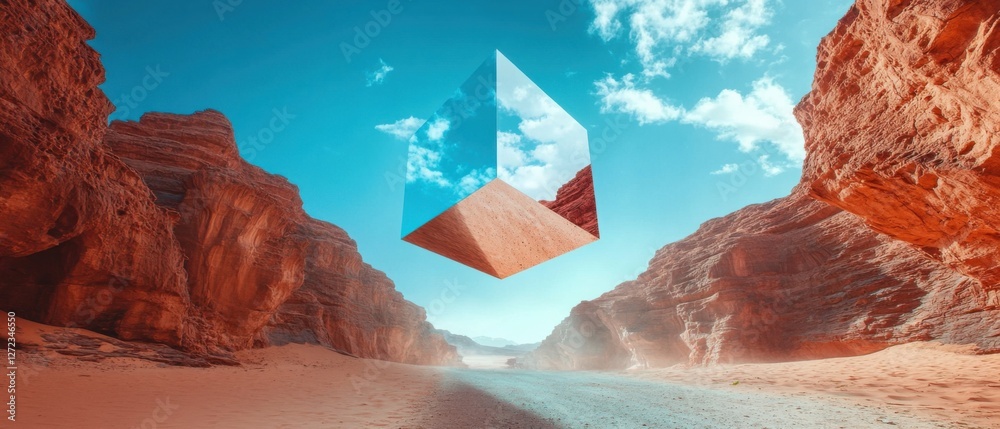 Poster surreal desert landscape with floating reflective cube: a futuristic and dreamlike canyon scene with