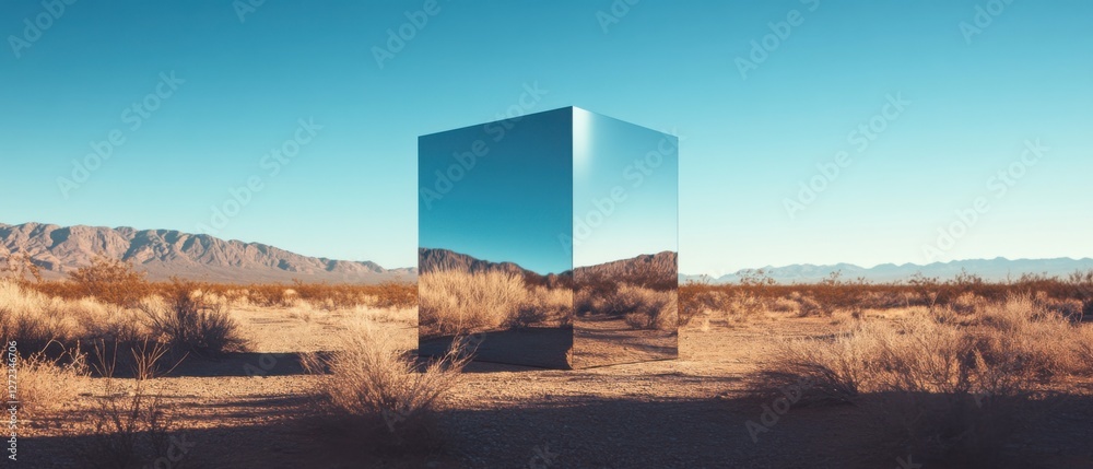 Aufkleber reflective metallic cube in a serene desert landscape minimalist art installation reflecting the sky