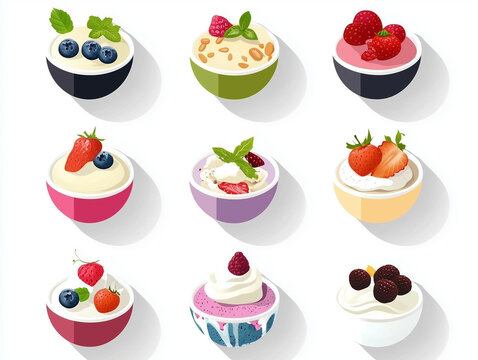 Ic&ocirc;nes de yaourts aux fruits en flat design sur fond blanc