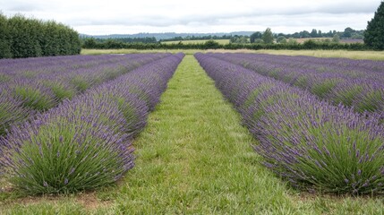 Fototapeta premium Lavender Field Rows Under Cloudy Sky, Agricultural Landscape, Scenic View, Potential for Travel Brochure, Stock Photo
