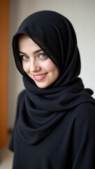 Naklejka premium Smiling Young Arab Woman in Traditional Black Hijab Posing Elegantly Against a Soft Background, Radiating Confidence and Grace