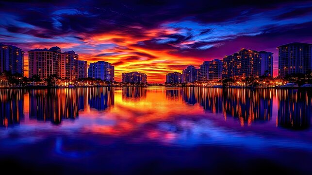 Vibrant Sunset Over City Skyline Reflecting In Calm Water