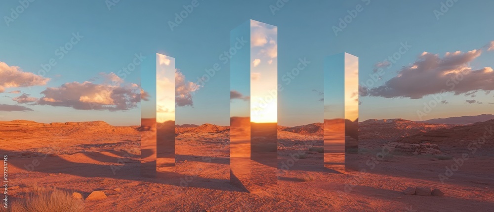 Aufkleber four reflective monoliths in the desert at sunset surreal landscape with mirrored pillars reflecting