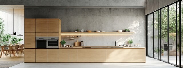 modern nordic kitchen minimalistic design with wooden cabinetry and concrete walls