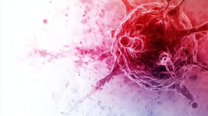 Microscopic view of a virus, detailed 3D rendering in vibrant red and pink hues against a white background. The image conveys a sense of urgency and importance of medical research.