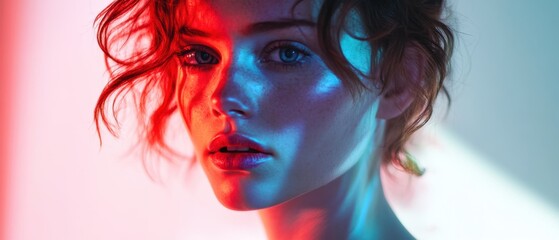 Portrait of a young woman with freckled skin illuminated by red and blue neon lights Cyberpunk, futuristic, or synthwave aesthetic Concepts of beauty, fashion, and technology