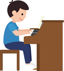 Boy playing piano in a flat, minimal style vector illustration