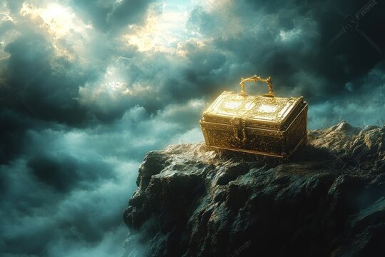 Golden Chest of the Covenant atop Rocky Cliff under Stormy Sky
