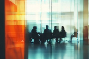 Abstract Business Meeting Silhouettes Modern Office Glass Wall Blurred Background Corporate Team Discussion Professional Teamwork Strategy Planning   