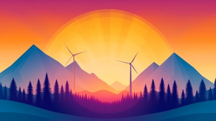 Serene sunset over majestic mountains with wind turbines. A vibrant landscape painting.