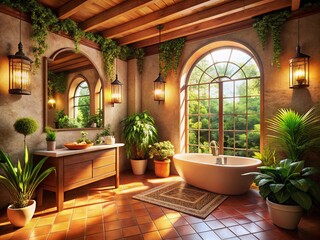 Luxurious Mediterranean Bathroom: Terracotta Tiles & Warm Hues