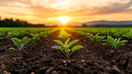 Young plants sprout in rich soil at sunset, bathed in warm light. New growth and agricultural potential.
