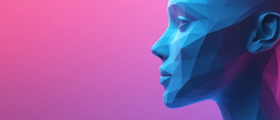 Profile of a low poly, geometric, blue human face against a vibrant pink and purple gradient background Concept of artificial intelligence, digital art, and futuristic design