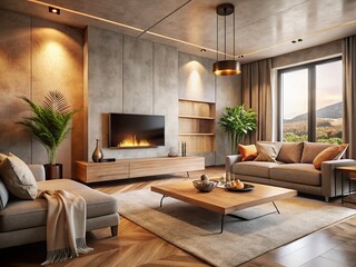 Fototapeta premium Luxurious Minimalist Living Room: Concrete Walls, Fireplace, Spacious Sofa & Soft Lighting