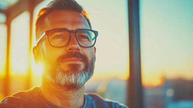 Thoughtful middle-aged man with glasses looks out at the sunset. Warm golden light, pensive mood.
