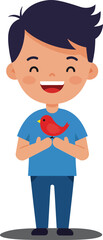 Happy boy holding a red bird in flat and cheerful vector art