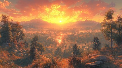 Naklejka premium Majestic Mountain Valley Sunset Golden Hour Landscape