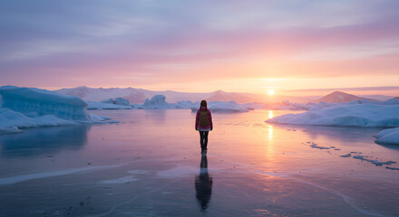 Solitary traveler standing on a frozen lake, enveloped by an ethereal Arctic sunrise, with ice formations reflecting pastel hues of pink, blue, and gold