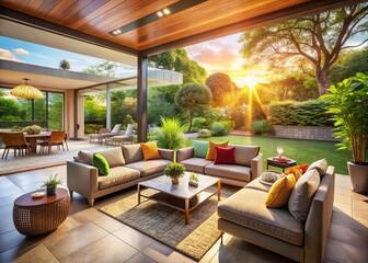 Fototapeta premium Luxurious Outdoor Patio with Sliding Glass Doors & Privacy, Modern Landscape Design, Comfortable Furniture
