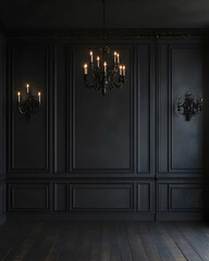 An elegant, monochromatic interior featuring paneled walls and a striking chandelier, creating a dramatic and sophisticated visual statement