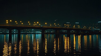 Obraz premium Night City Bridge Lights Reflecting On Water