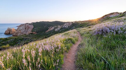 Coastal sunrise trail, wildflowers, ocean view, scenic hike